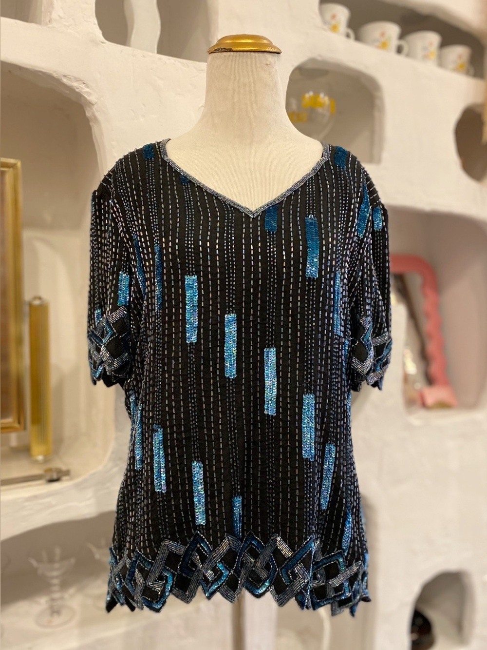 Vintage 80s Silk Embellished Black V-Neck Sequin & Beaded Top with Zig Zag Trim